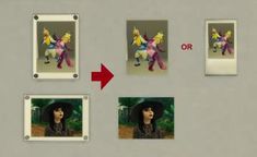 an image of a woman with a hat and some pictures hanging on the side of a wall