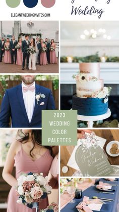 wedding color palettes for the bride and groom in blue, pink, green, white