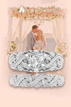 two wedding rings with an image of the bride and groom