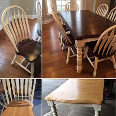 four different views of a dining room table and chairs