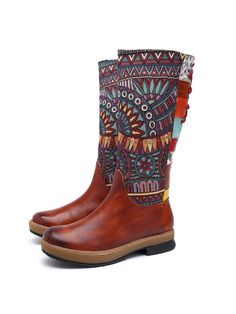 This classic boot features a bold geometric design running up the shaft. A burnished blue leather toe contrasts with the bold print, and rear-lacing adds practical style. 1'' heel 13.8'' shaft 14.5'' circumference Side zip / back lace-up closure Leather & Canvas upper Cotton Textile lining Rubber sole Retro Mid-calf Leather Boots With Round Toe, Retro Leather Mid-calf Boots With Round Toe, Multicolor Leather Moto Ankle Boots, Multicolor Leather Ankle Moto Boots, Retro Leather Lace-up Boots For Winter, Retro Leather Ankle Lace-up Boots, Multicolor Leather Moto Boots For Fall, Multicolor Leather Moto Boots With Round Toe, Multicolor High Ankle Leather Boots