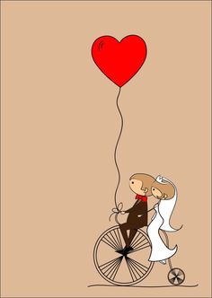 a bride and groom riding on a bicycle with a heart balloon attached to the back