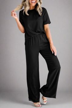 2pc Casual Everyday T-Shirt and Wide Leg Pants Set | LIKI BRAND Chic Black Sets With Relaxed Fit, Chic Black Set With Relaxed Fit, Solid Two-piece Pant Set For Work, Elegant Black Pants Set, Elegant Black Long Pants Set, Elegant Solid Color Relaxed Fit Set, Black Wide Leg Loungewear Set, Black Relaxed Fit Sets For Workwear, Black Relaxed Fit Workwear Sets