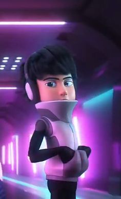 the animated character is wearing headphones and standing next to another character in a hallway