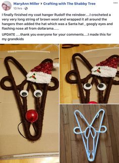 two pictures of the same reindeer made out of yarn and paper with scissors in it