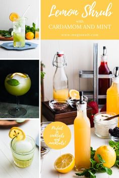 lemon shrub with cardamom and mint cocktails in glass bottles, on white table