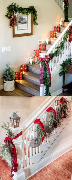 christmas decorations on the banisters and stairs in a home decorated for holiday season