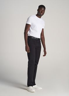 About Our Long Inseam Pants Perfect for date night, the office, the bar and everything in between. Our J1 men's tall pants are the quintessential pair that every guy needs in his wardrobe. We know the struggles of finding good-quality pants for tall men between 6'3” and 7'1”, with lengths that are too short and fits that are downright uncomfortable. Leave those days behind and pick up a pair from American Tall. All of our styles are designed exclusively for tall guys just like you with proper pr Classic Black Straight Leg Work Pants, Black Straight Pants With Relaxed Fit, Black Straight Relaxed Fit Pants, Classic Black Chinos With Belt Loops, Classic Black Work Pants With Hip Pockets, Classic Black Chinos With Straight Hem, Black Relaxed Fit Jeans For Business Casual, Formal Straight Black Pants, Classic Black Straight Fit Bottoms