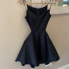 Chic Black Fit And Flare Dress, Black Lined Mini Dress, Black Fit And Flare Dress For Spring, Spring Black Fit And Flare Dress, Black Lined Mini Length Dresses, Black A-line Mini Dress For Night Out, Black Fit And Flare Evening Dress, Black Mini Dress With Spaghetti Straps And Lining, Chic Black Dresses With Spaghetti Straps