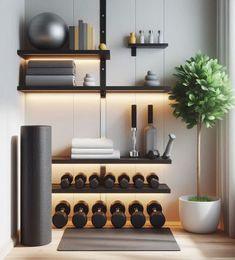 there is a yoga mat and exercise equipment on the shelf in this room, along with other items