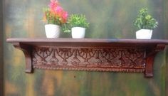 three potted plants are sitting on a wooden shelf in front of a green wall