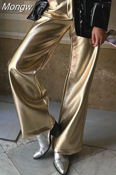 Gold Pants Outfit, Metallic Trousers, Silver Outfits, Gold Jeans, Silver Pants, Full Length Pants, Gold Pants, Metallic Jeans, Metallic Pants