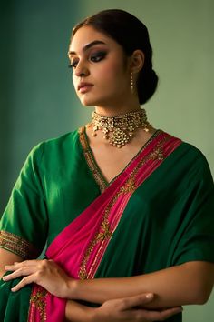 Green and pink habutai silk saree with dori, marori and zardosi hand embroidery. - Aza Fashions Saree For Women, Embroidered Saree, Green And Pink, Aza Fashion, Silk Saree, Silk Sarees, Hand Embroidered, Hand Embroidery, Saree