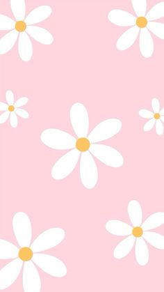 a pink background with white daisies and yellow dots on the bottom half of it