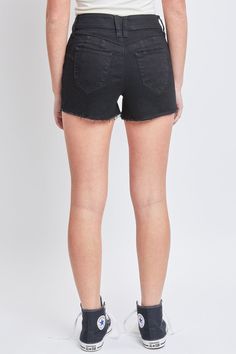 There's a lot to love about our easy, breezy, booty-full Women's WannaBettaButt High-Rise Frayed Hem Shorts. One of our most popular WBB styles, this high-waisted denim short features our signature heart-shaped stitching and perfectly placed pockets for a natural butt-lift that highlights you curves. Detailed with a classic five-pocket construction, front zip with single button closure, and a frayed hem for that added edge. Pair with a fitted tank top and heels for a warm-weather look, or with a leather jacket and booties to channel your inner baddie! Measurement (Based on size 5)- Inseam: 2.5” - Rise (To top edge of band): 10” - Leg Opening: 22” - Model is wearing size 3 Machine wash cold. 75% Cotton/ 23% Polyester/ 1% Rayon/ 1% Spandex (Color: 1430M) Casual Mid-rise Bottoms With Built-in Shorts, Casual Stretch Jean Shorts With Frayed Hem, High Waist Stretch Shorts With Frayed Hem, Mid-rise Bottoms With Built-in Shorts, Casual Stretch Cutoff Shorts, Relaxed Fit Bottoms With Frayed Hem For Day Out, Trendy Short Bottoms With Frayed Hem, Cotton Day Out Shorts, Casual Stretch Jean Shorts