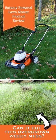 an orange lawn mower with the words battery powered lawn mower review on it