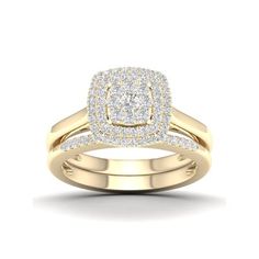 a yellow gold ring with two rows of diamonds on the band and a square shaped diamond set in the center