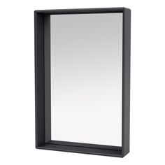 a black framed mirror on a white wall