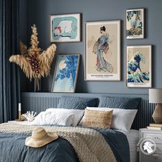 Japanese Art Bedroom, Modern Asian Home Decor, Japanese Theme Bedroom, Japanese Themed Bedroom, Japanese Decor Ideas, Traditional Japanese Bedroom, Asian Inspired Bedroom, Hokusai Poster, Japanese Bedroom Design