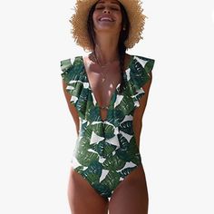 V Neck One Piece Swimsuit With Ruffle At Front And Back, Sexy And Fashionable, Green Leaves Pattern , Wearing This Swimsuit With Full Of Confidence. Sexy Monokini With Slightly Removable Pads,No Underwire, The Front Straps For Extra Support And Shaping. You Could Adjust The Straps On The Back To Suit Better.High Cut Leg Open,Moderate Coverage, Making Your Legs Looks Longer. Tropical Ruffle V-Neck One Piece V-neck Ruffled Swimwear For Pool, Chic V-neck One Piece For Summer, V-neck Beachwear Swimwear For Summer Parties, V-neck One Piece For Sunbathing In Summer, Summer V-neck Swimwear For Summer Parties, V-neck Swimwear For Summer Parties, Summer Ruffled V-neck Bodysuit, V-neck Ruffled One Piece For The Beach, Ruffled One-piece For Beach Season