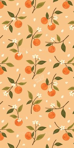 an orange and white flower pattern on a peach colored background with green leaves, flowers, and berries