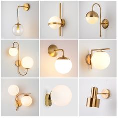 eight different types of wall lights in various shapes and sizes, all with globes