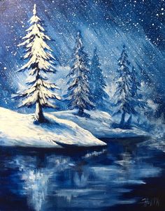 a painting of snow covered trees and water