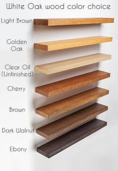 the different types of wood are shown on this wall mounted shelving unit, which is also available in various colors and sizes