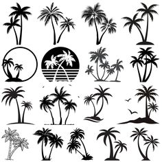 the silhouettes of palm trees and other tropical plants are shown in black on white