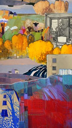 an abstract painting of houses and trees