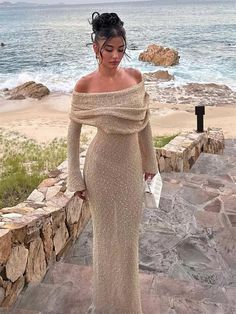 Woman wearing the Khaki Color Cover-Up Off-Shoulder Maxi Dress Lace Long Dresses, White Knitted Dress, Knitted Beach Dress With Sleeves, Beach Long Dress, Fitted Maxi Dress Outfit, Summer Knit Dress, Off Shoulder Knit Dress, Dress Cover Up, Off Shoulder Maxi Dress