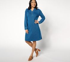 Warming trend? This Comfy Knit Air shirtdress has you covered -- and looking pretty polished, too. From Denim & Co.® Fashions. Casual Collared Stretch Dress, Casual Stretch Collared Dress, Casual Long Sleeve Denim Dress For Work, Long Sleeve Medium Wash Shirt Dress For Fall, Relaxed Fit V-neck Shirt Dress For Fall, Long Sleeve Denim Dress For Daywear, Casual Long Sleeve Denim Dress For Daywear, Spring Stretch Shirt Dress, Medium Wash Relaxed Fit Shirt Dress For Fall