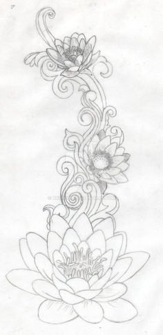 a drawing of a flower with swirls and leaves on the bottom half of it