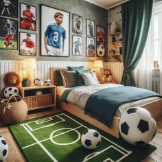 a bedroom with soccer themed decor and pictures on the wall above the bed, along with a green rug