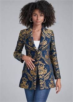 METALLIC PRINTED COAT Venus Fashion, Venus Swimwear, Statement Jacket, Pearl Details, Black Swimwear, Printed Blazer, Ankle Strap Heels, Coin Pendant, Blazer Fashion