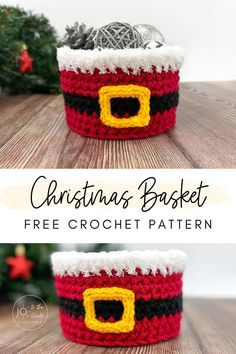 two crocheted christmas baskets with the title above them