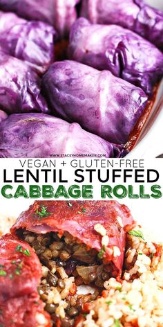 purple stuffed cabbage rolls on top of rice and next to the same image with text overlay