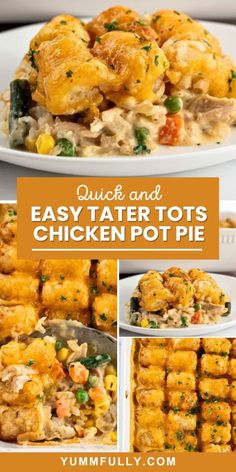 an easy tater tots chicken pot pie recipe is shown in four different pictures