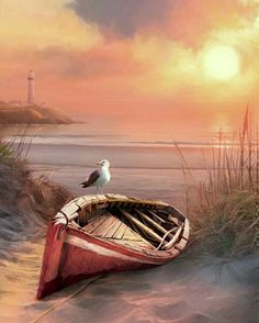 a painting of a bird sitting on top of a boat in the sand at sunset