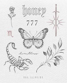 some tattoos with butterflies and scorpions on them