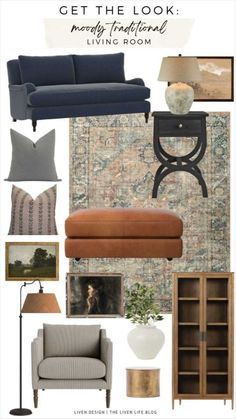 living room mood board with furniture and decor