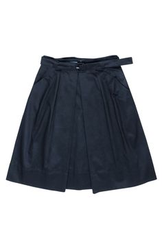 Build up your wardrobe essentials with this classic black Prada pleated skirt! Crafted in Italy from a cotton blend, it features a large front pleat and removable belt. It can truly be worn everywhere: to the office with a classic white shirt and black pumps, on the weekends with a simple white tank or long sleeve tee, and with a silk lace camisole for a special night out! Size 12 (IT 46) 97% cotton, 3% elastane Made in Italy A-line silhouette Front inverted pleat Back zipper Side pockets Remova Black Pleated Skirt With Belt Loops For Work, Fitted Belted Pleated Skirt For Work, Black Box Pleat Pleated Skirt For Work, Workwear Flared Skirt With Belt Loops, Belted Flared Pleated Skirt For Workwear, Belted Pleated Skirt For Work, Classic Belted Skirt For Workwear, Belted Full Skirt For Work, Cotton Skirt With Belt Loops For Work