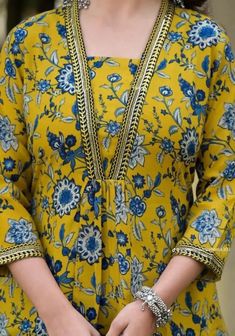 Yoke Neck Designs For Kurtis, Printed Kurta Neck Design Latest, Round Kurti Design, Kurta Sleeves Design, Printed Cotton Suit Designs, Neck Design For Suits, Cotton Suit Designs, Cotton Dress Pattern, Stylish Kurtis Design