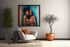 two women are hugging each other in front of a blue door and potted plant