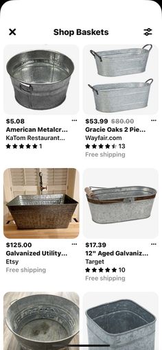 an advertisement showing different types of buckets and containers for sale on the store's website