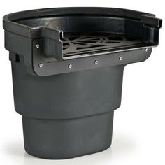 a black plastic bucket with a vent on the top and bottom, sitting in front of a white background