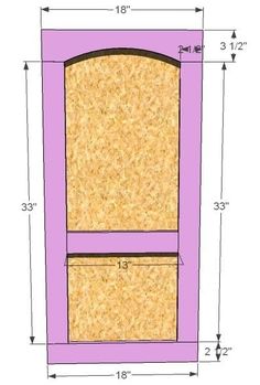 an image of a purple cabinet with measurements for the top and bottom section on it