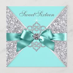 sweet sixteen teal and silver birthday party card with bow, diamond and ribbon on the front