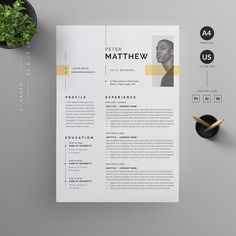 a clean and modern resume template on a desk with a plant in the corner, next to it