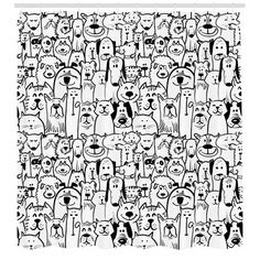 a shower curtain with dogs all over it